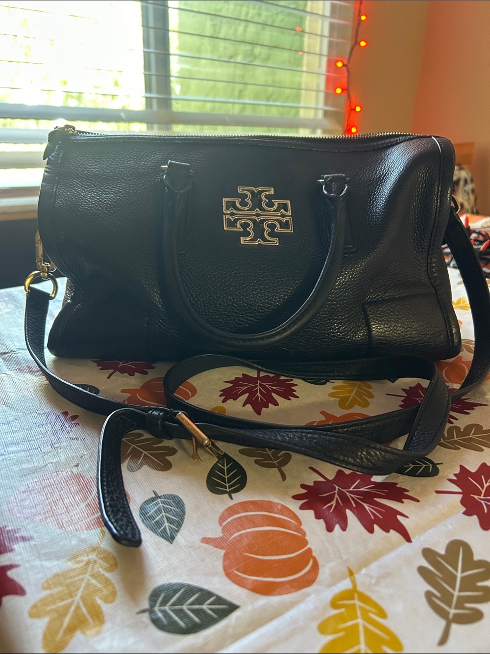 Tory Burch Black Pebbled Leather Satchel with Gold Logo